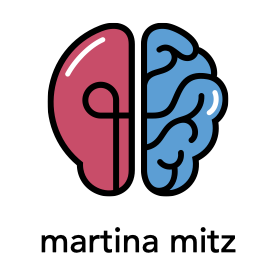 A drawing of a brain, where the one part is like a light bulb. Underneath the title "martina mitz"